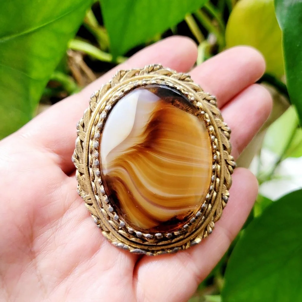 Vintage Agate Gemstone Lapel Brooch Pin - Picture 5 of 8